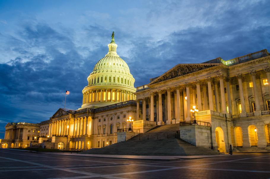 The U.S. Capitol Building at night. 